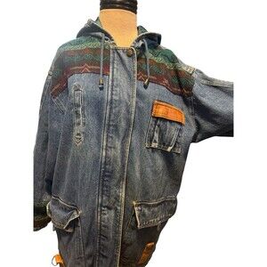 Outbrook Denim Coat Womens South Western Aztec Navajo Indian Vintage 90s Medium